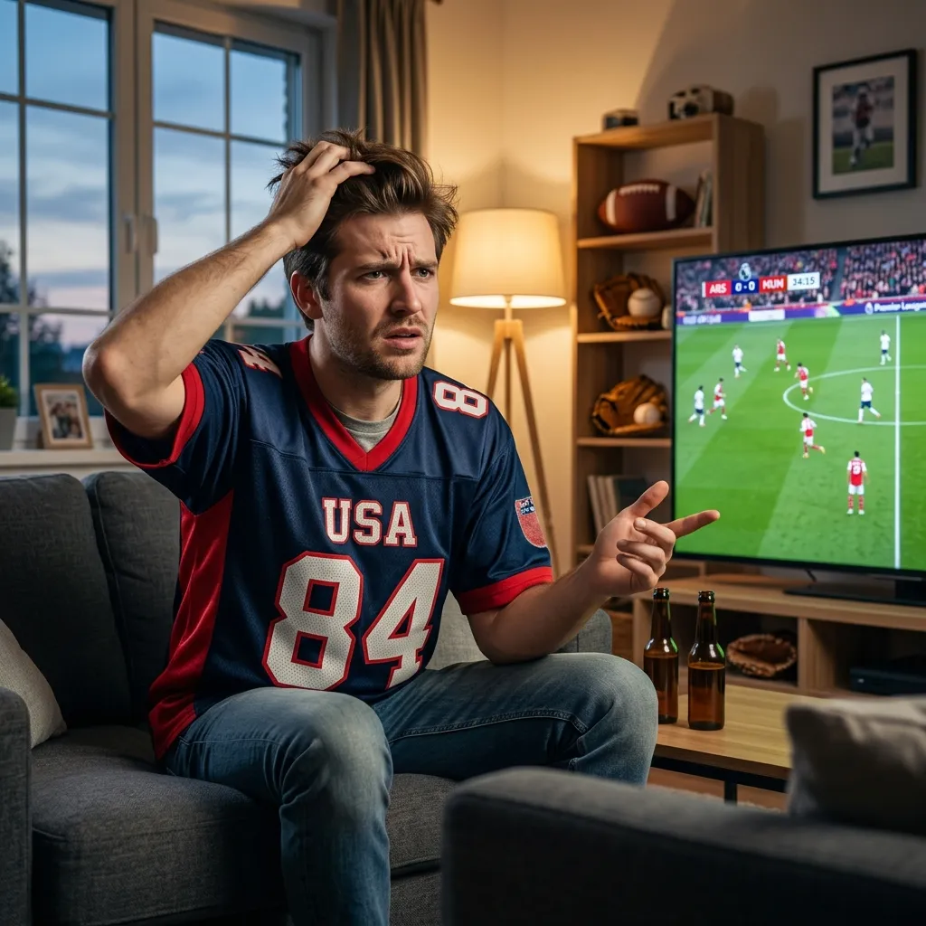 A frustrated American sports fan in a modern living room looking confused at a soccer match on TV