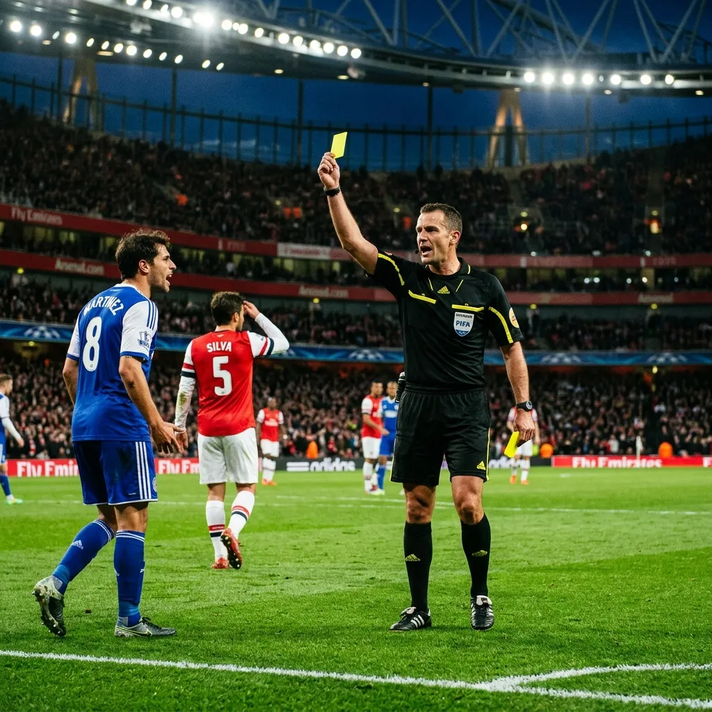 Professional soccer referee holding up a yellow card during a tense match