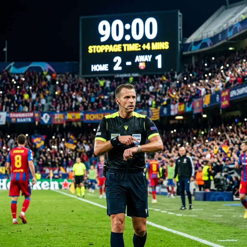 Glowing digital stadium scoreboard showing 90:00 minutes while the referee points to his watch