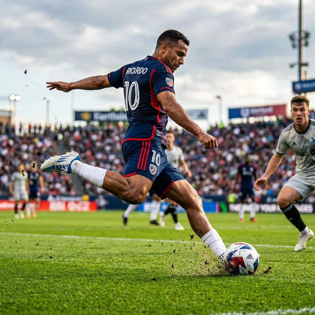 From Ground to Glory: The Physics of Kicking a Soccer Ball 1 A soccer player striking a ball with immense power on a grassy field, showcasing dynamic motion and energy