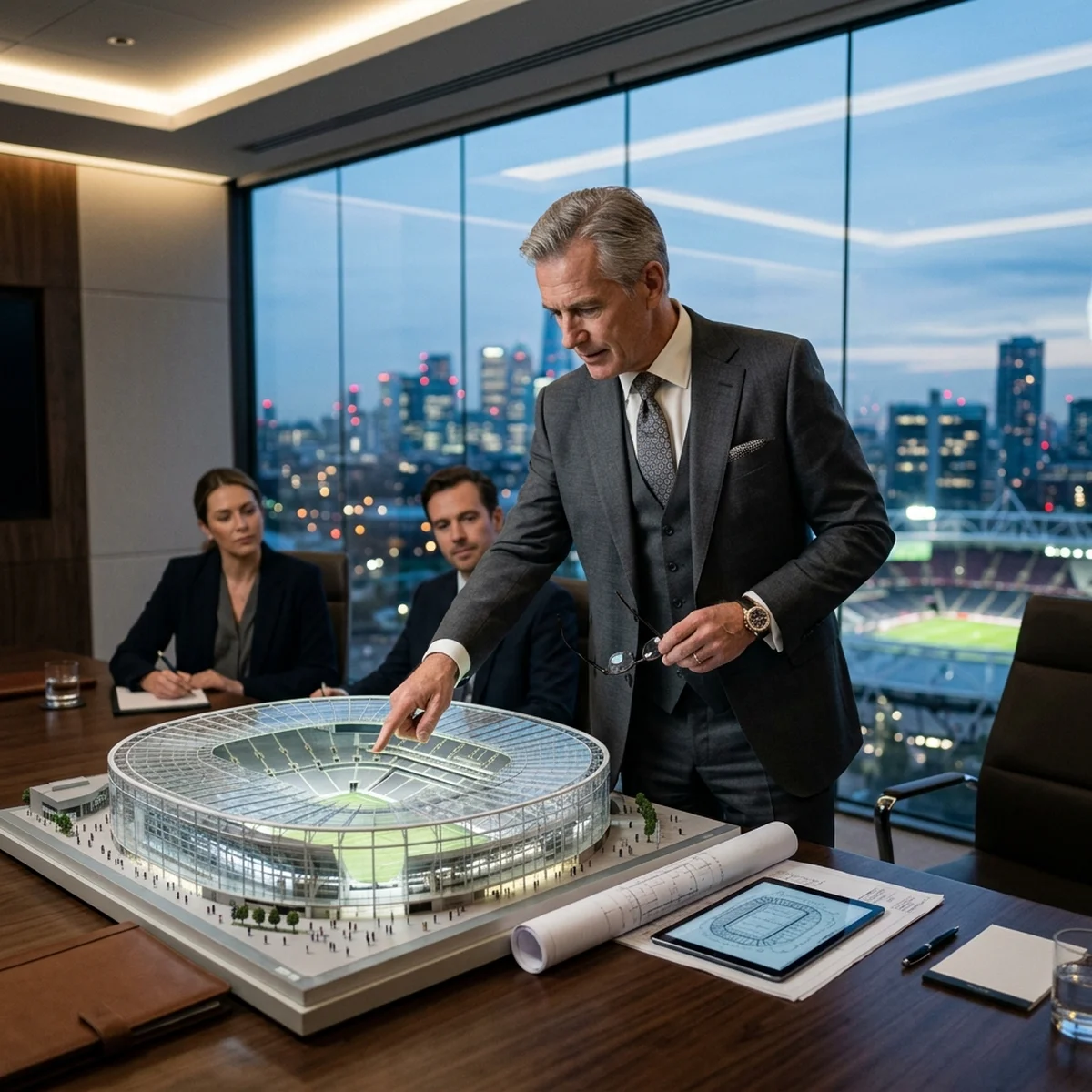 Wealthy investor reviewing a soccer stadium blueprint in a boardroom