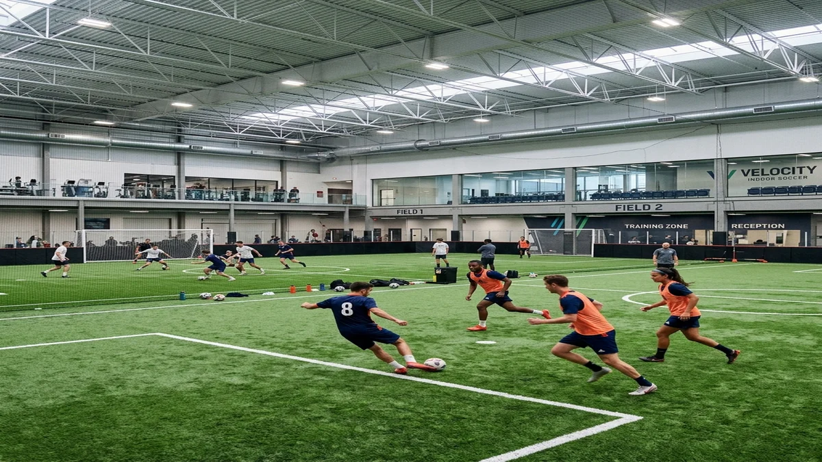 State of the art indoor soccer facility with bright lighting and artificial turf