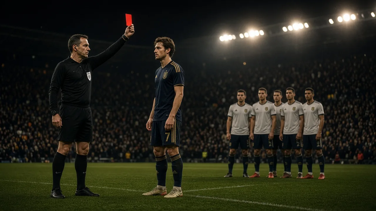 Referee holding a red card toward a standing outfield player at night, showing the consequences of a red card in soccer as teammates compact behind them (AI Generated Image)
