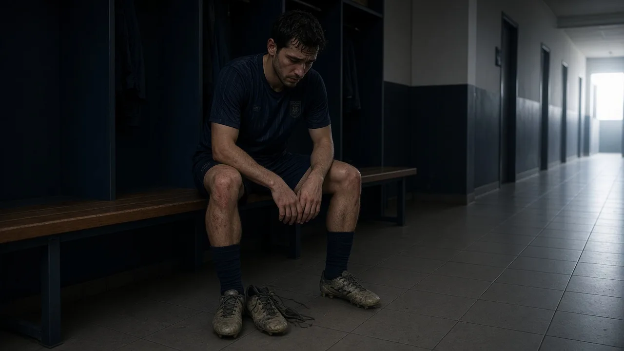 Sent-off soccer player sitting alone on a dressing-room bench after leaving the field (AI Generated Image)