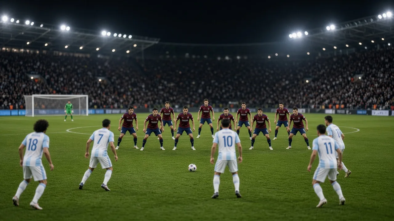 Ten outfield soccer players in a compact defensive block under floodlights after a teammate has been sent off (AI Generated Image)