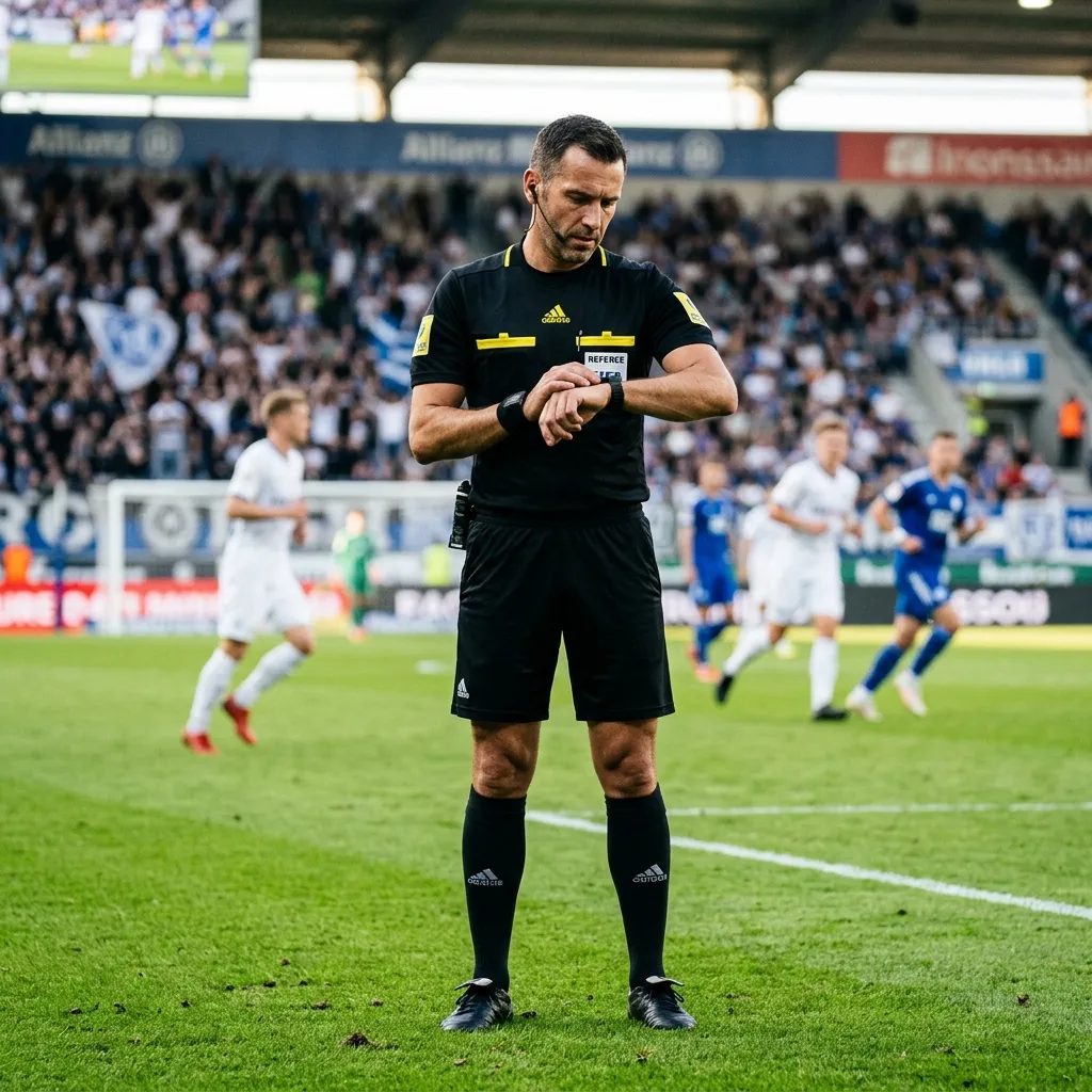 Soccer referee looking at his watch tracking stoppage time