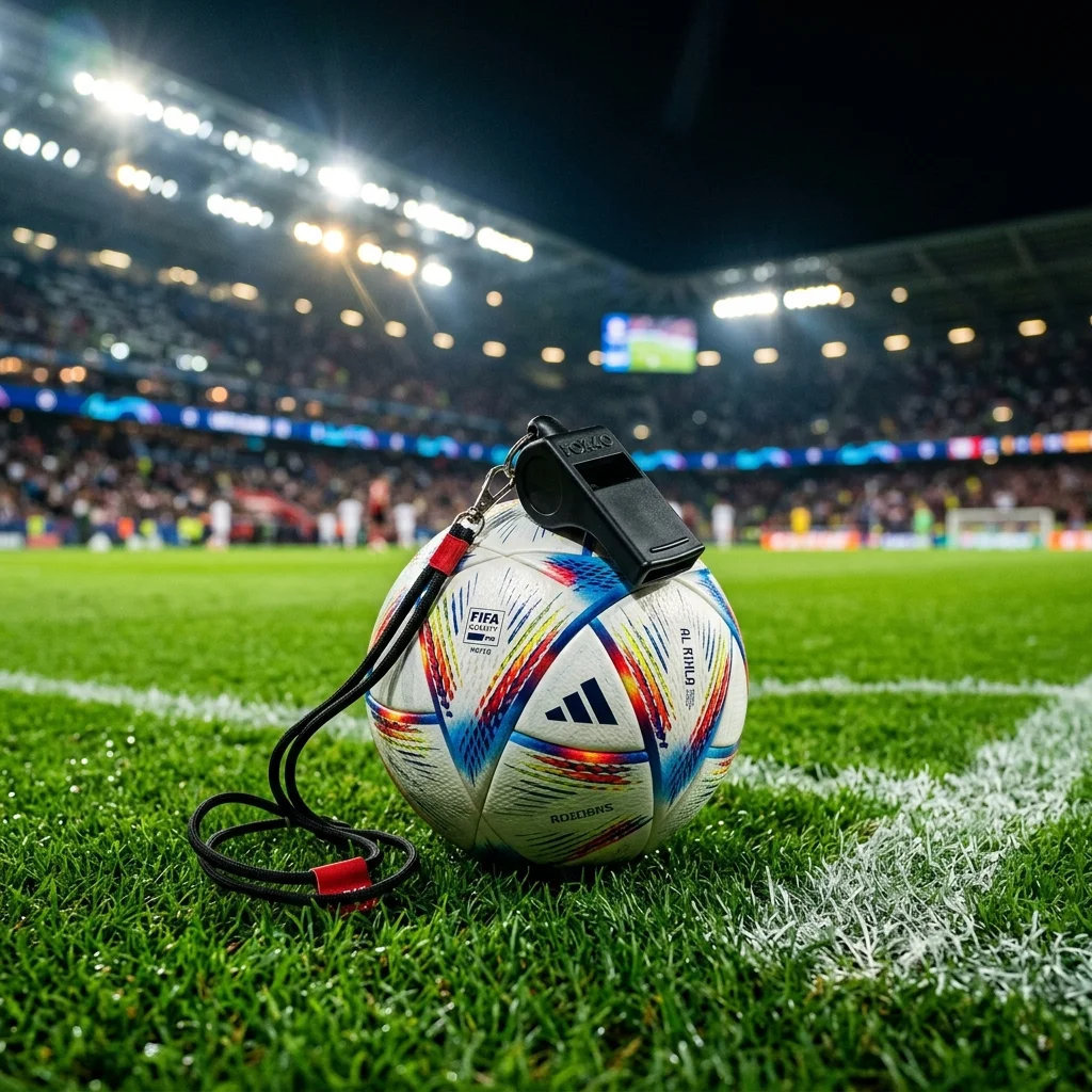 A professional soccer ball and referee whistle on the pitch