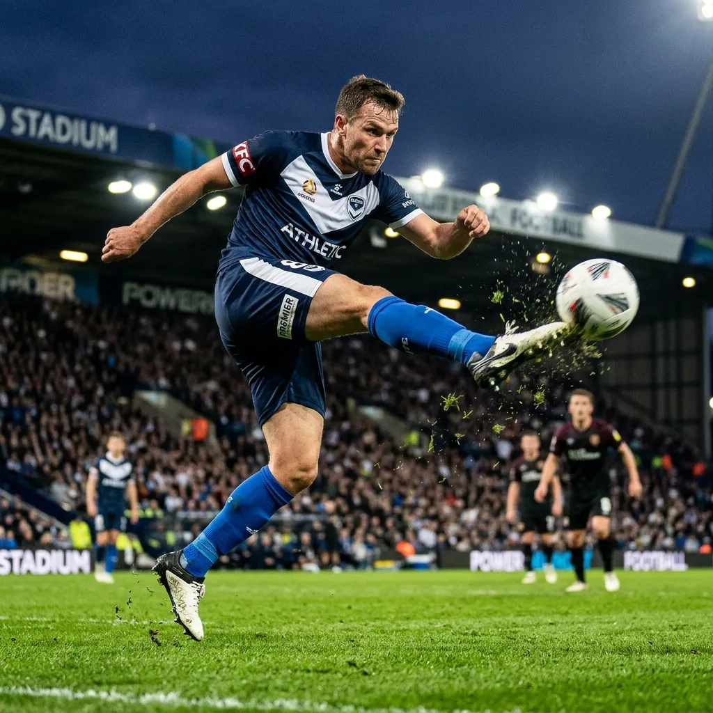 Professional soccer player executing a powerful precision strike