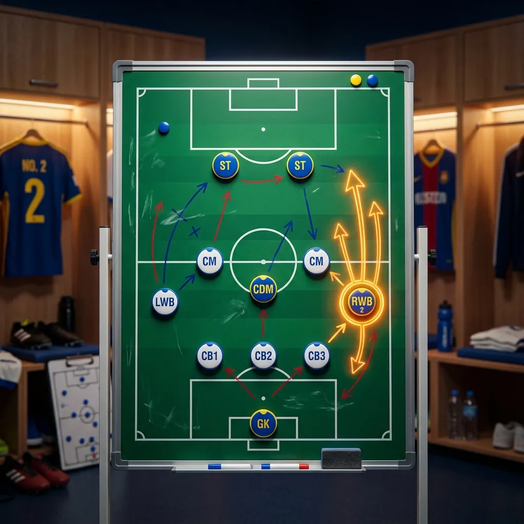 RWB in Soccer: Understanding the Right Wing-Back Position 1 Soccer tactical board showing a 3-5-2 formation with the right wing-back position highlighted