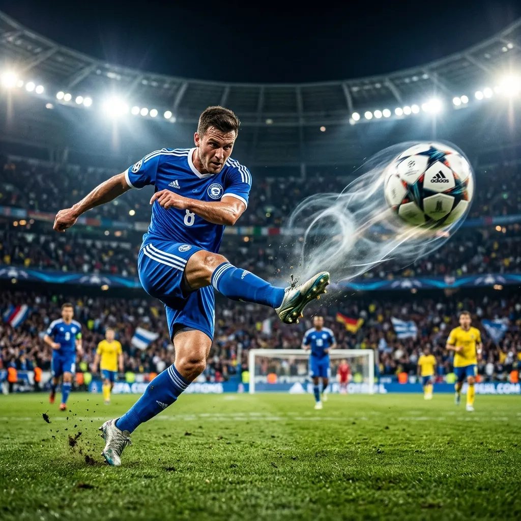 Soccer ball flying mid-air with aerodynamic trails
