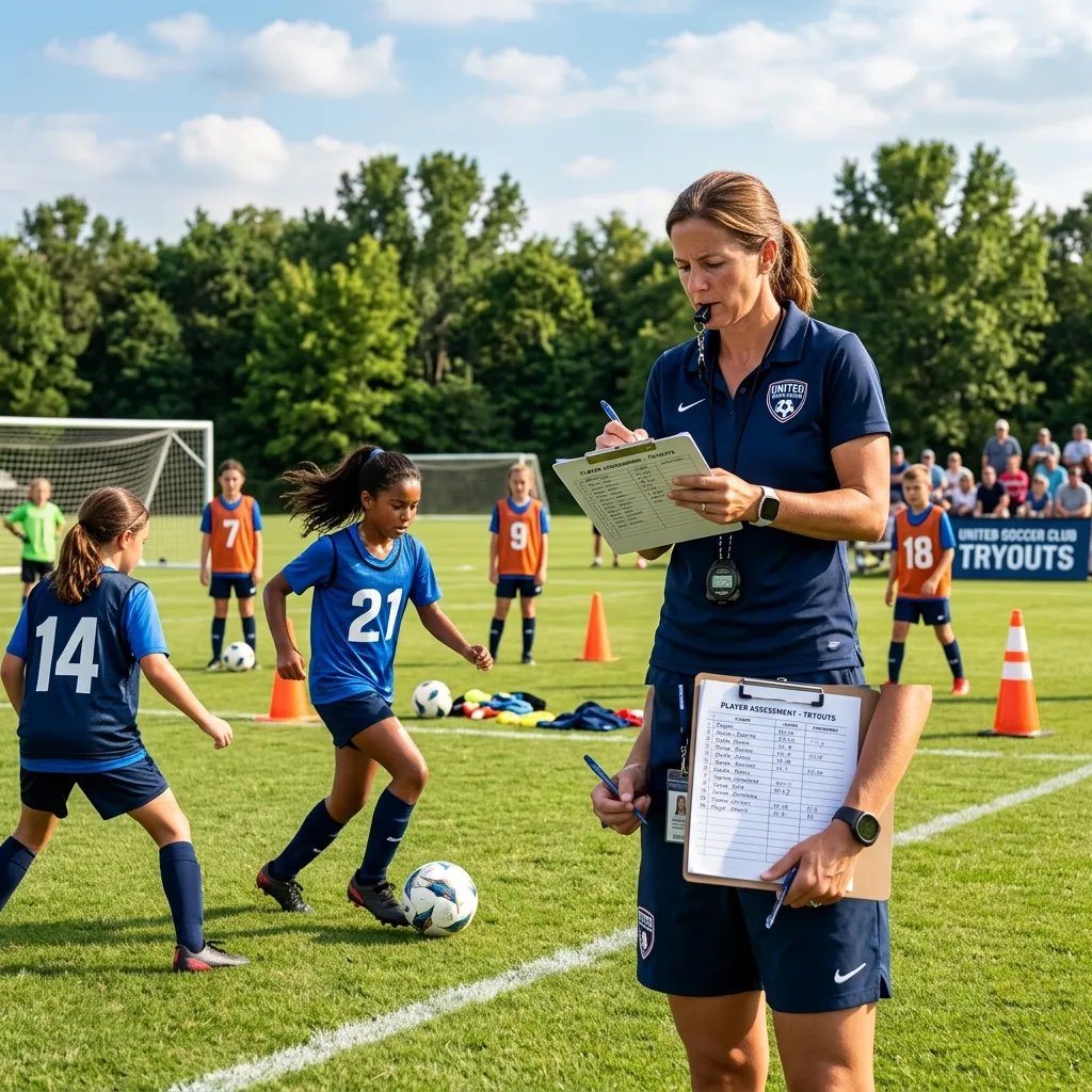 A youth soccer coach taking notes on a clipboard while observing players during a team selection tryout