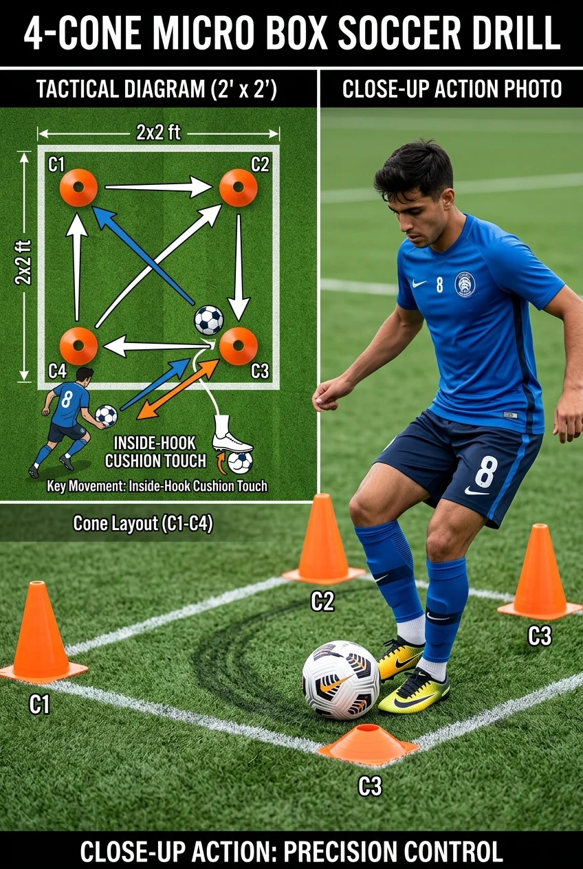 First Touch Mastery: 10 Cone Drills for Tight Spaces 2 First Touch Mastery: 5 Cone Drills for Tight Spaces - The 4-Cone Micro Box: Cushioned Inside-Hook Directional Control (AI Generated Image)