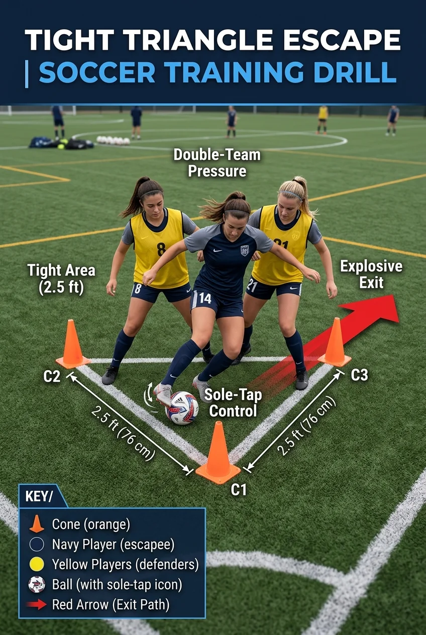 First Touch Mastery: 10 Cone Drills for Tight Spaces 11 First Touch Mastery: 5 Cone Drills for Tight Spaces - The Tight Triangle Escape: Sole-Tap Control to Explosive Breakout (AI Generated Image)