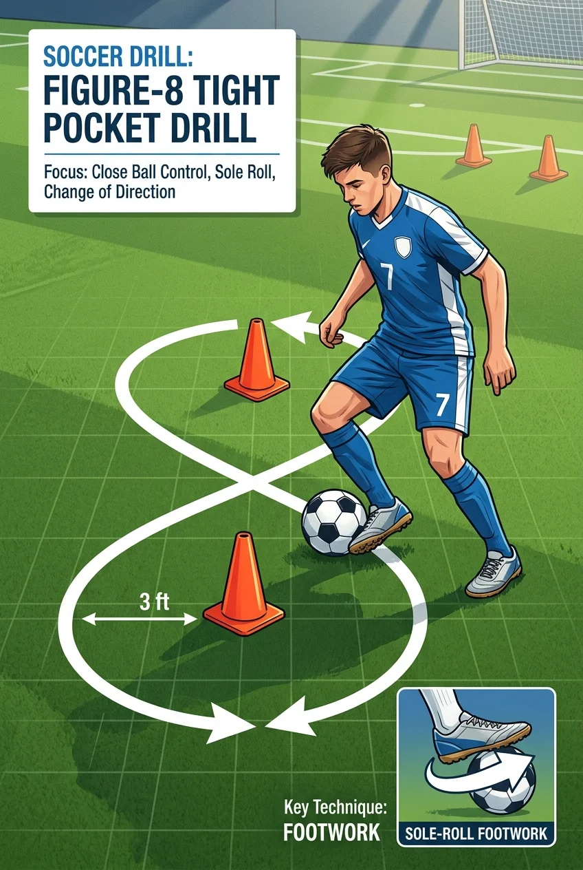 First Touch Mastery: 10 Cone Drills for Tight Spaces 3 First Touch Mastery: 5 Cone Drills for Tight Spaces - The Figure-8 Tight Pocket Drill: Sole-Roll & Quick Escapes (AI Generated Image)