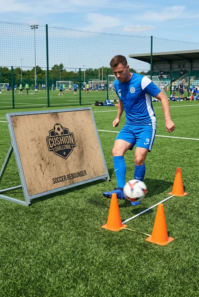 First Touch Mastery: 10 Cone Drills for Tight Spaces 4 First Touch Mastery: 5 Cone Drills for Tight Spaces - The Rebounder Wall Cushion Challenge: Softening High-Impact Passes (AI Generated Image)