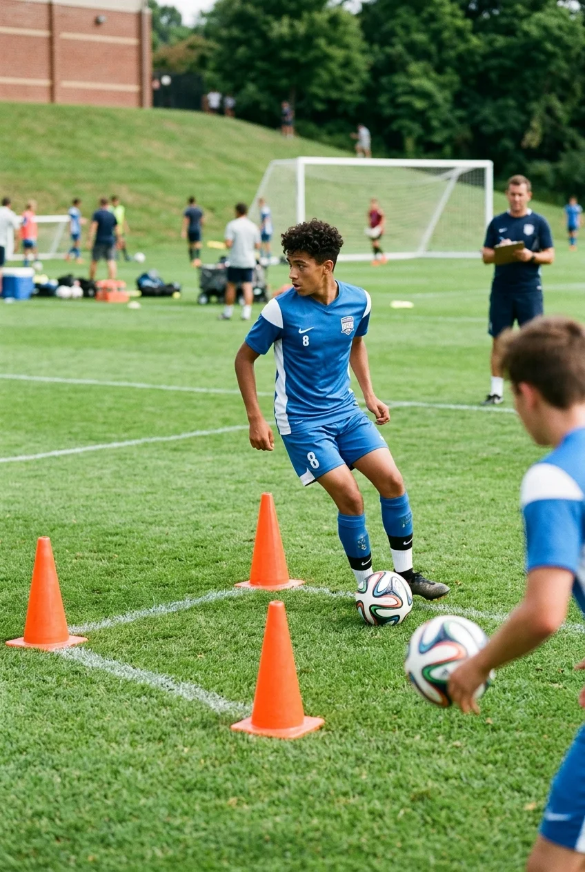 First Touch Mastery: 10 Cone Drills for Tight Spaces 5 First Touch Mastery: 5 Cone Drills for Tight Spaces - The L-Shape Alley Drill: Pre-Touch Shoulder Scans and Exit Touches (AI Generated Image)