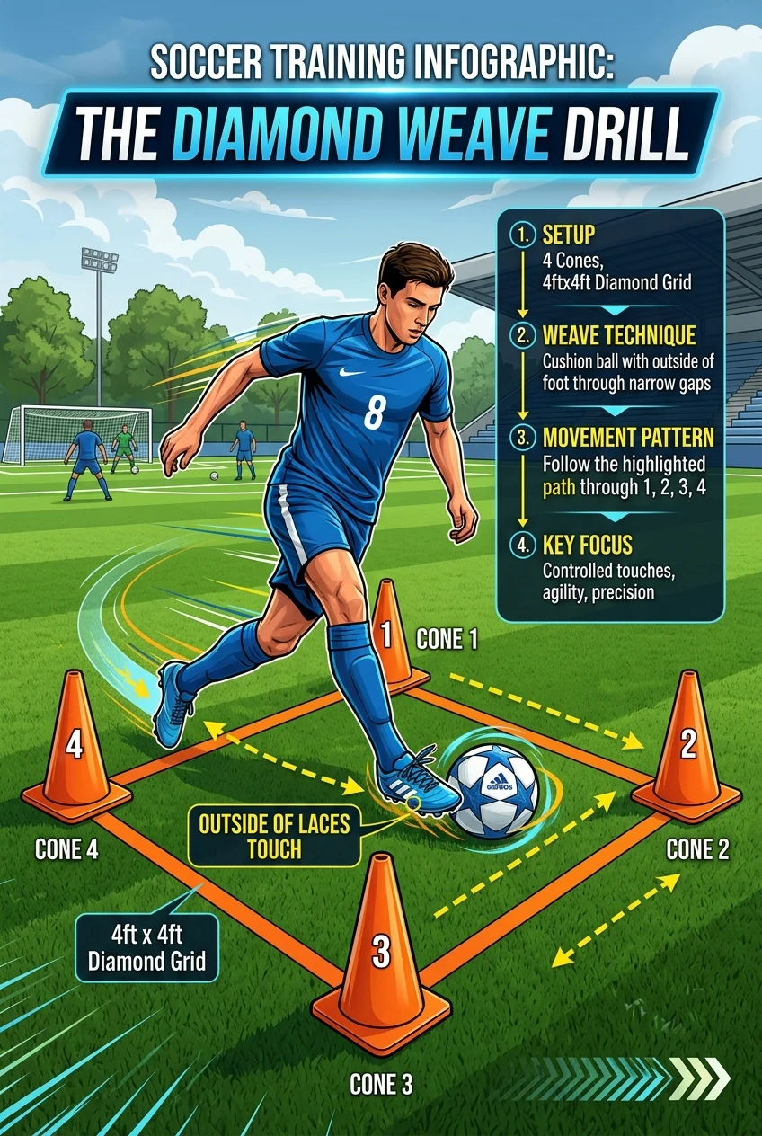 First Touch Mastery: 10 Cone Drills for Tight Spaces 6 First Touch Mastery: 5 Cone Drills for Tight Spaces - The Diamond Weave: Outside-Lace Soft Cushioning Under Pressure (AI Generated Image)