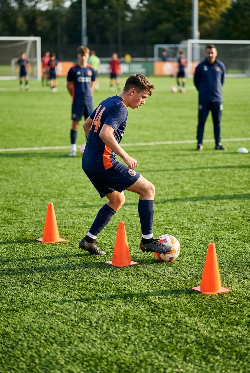 First Touch Mastery: 10 Cone Drills for Tight Spaces 7 First Touch Mastery: 5 Cone Drills for Tight Spaces - The 3-Cone Linear Tunnel: Cushion-and-Push Micro-Dribbling (AI Generated Image)