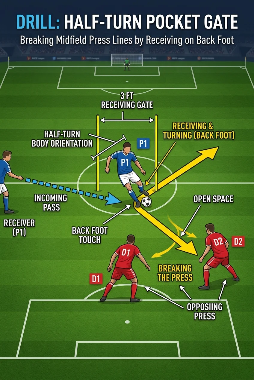 First Touch Mastery: 10 Cone Drills for Tight Spaces 8 First Touch Mastery: 5 Cone Drills for Tight Spaces - The Half-Turn Pocket Gate: Orienting Stance for Midfield Breaks (AI Generated Image)