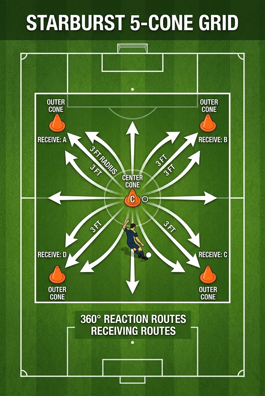 First Touch Mastery: 10 Cone Drills for Tight Spaces 9 First Touch Mastery: 5 Cone Drills for Tight Spaces - The Starburst 5-Cone Grid: Multi-Angle Soft Receiving Routine (AI Generated Image)