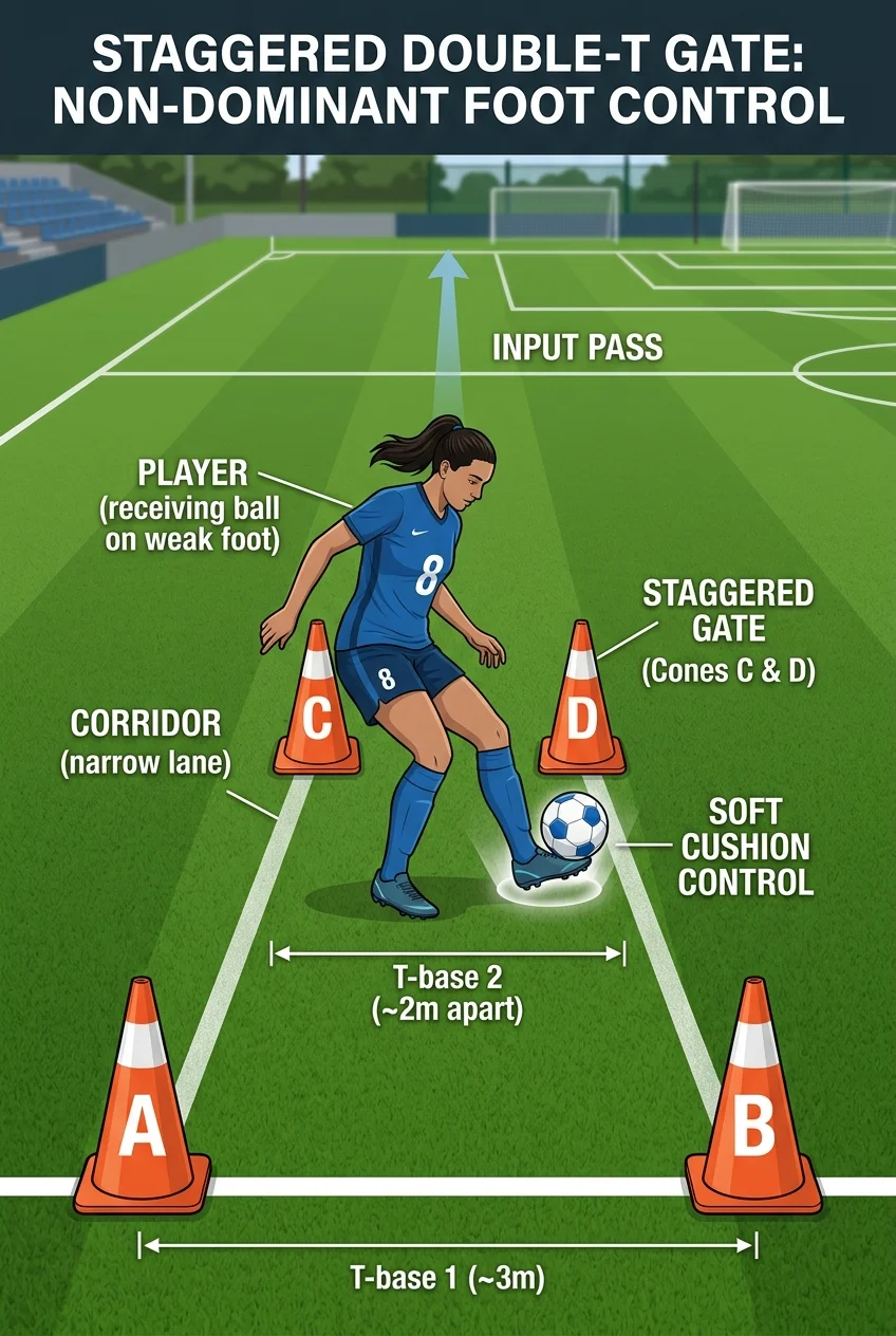 First Touch Mastery: 10 Cone Drills for Tight Spaces 10 First Touch Mastery: 5 Cone Drills for Tight Spaces - The Staggered Double-T Gate: Weak-Foot Cushioning & Instant Release (AI Generated Image)