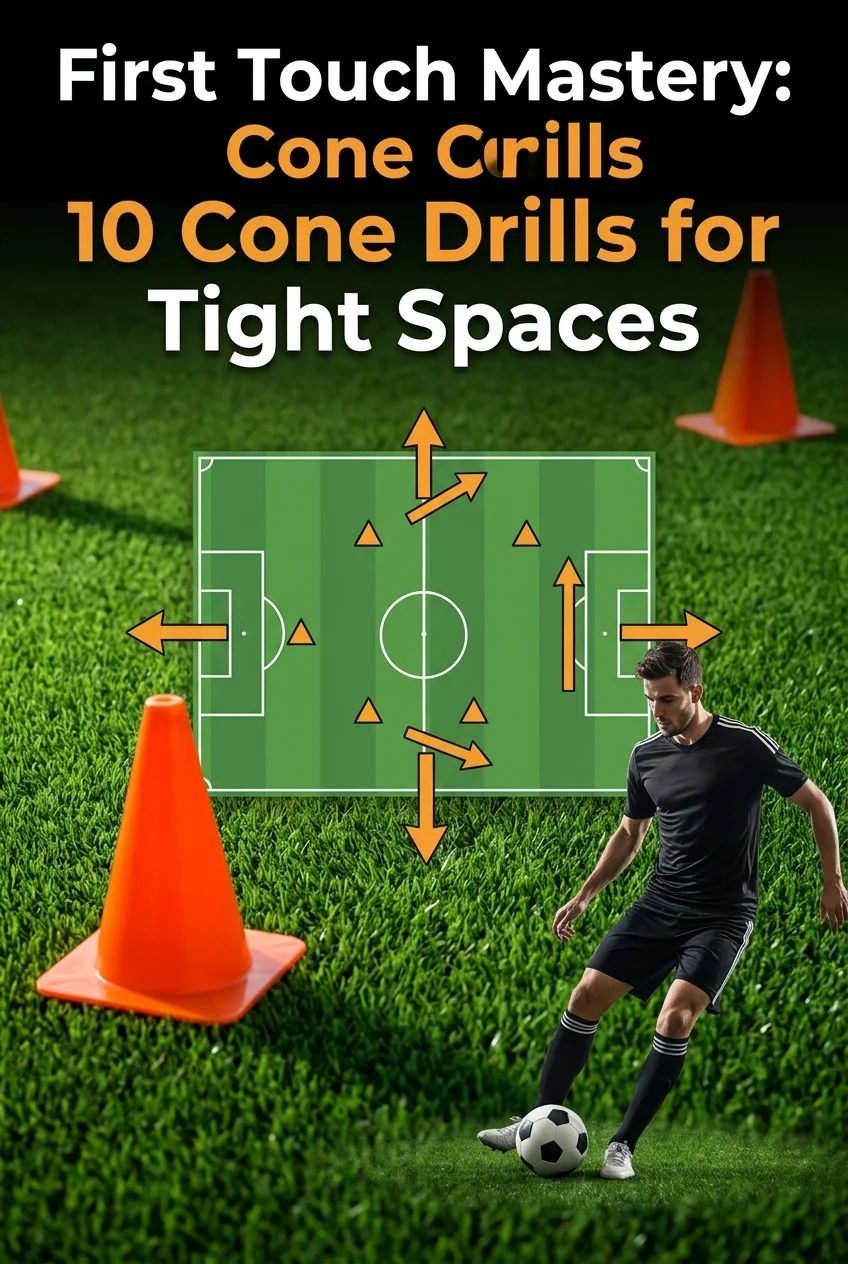 First Touch Mastery: 10 Cone Drills for Tight Spaces 1 First Touch Mastery: 5 Cone Drills for Tight Spaces - Training Guide (AI Generated Image)