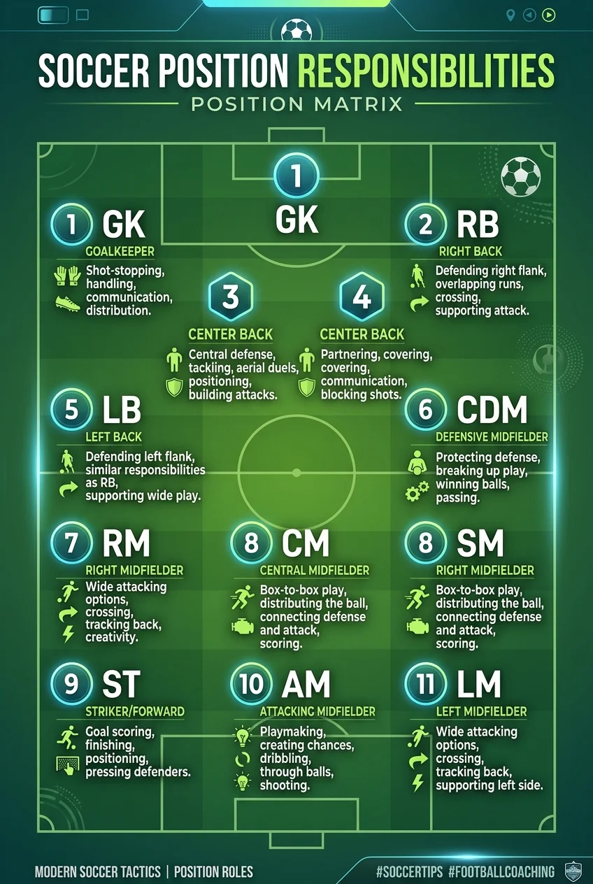 The Ultimate Soccer Position Responsibilities Matrix: 1-11 Master Cheat Sheet 1 The Ultimate Soccer Position Responsibilities Matrix Infographic (AI Generated Image)