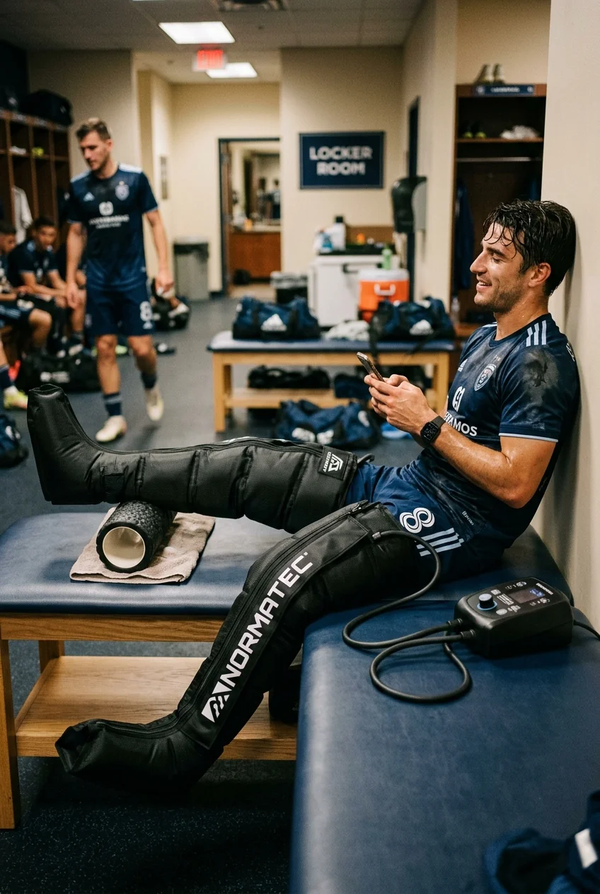 Post-Match Muscle Recovery Protocol: 10 Steps to Zero Soreness 6 Post-Match Muscle Recovery Protocol - Pneumatic Dynamic Air Compression with Normatec 3 Boots (AI Generated Image)