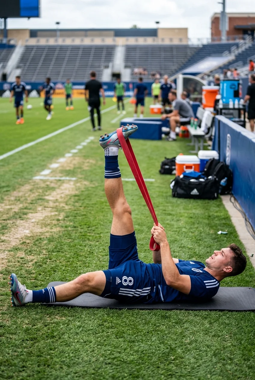 Post-Match Muscle Recovery Protocol: 10 Steps to Zero Soreness 9 Post-Match Muscle Recovery Protocol - PNF Hamstring & Calf Mobility Stretching for Muscle Lengthening (AI Generated Image)