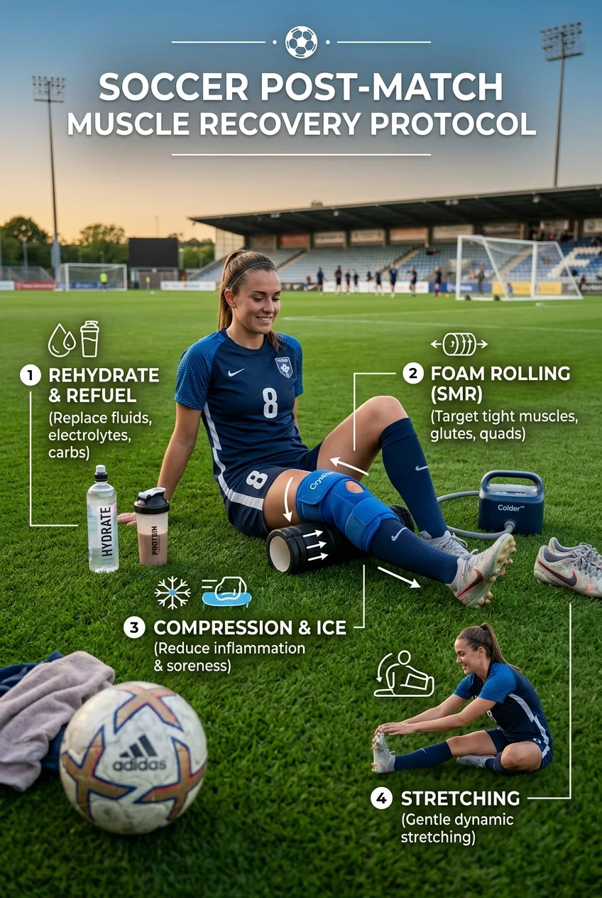 Post-Match Muscle Recovery Protocol: 10 Steps to Zero Soreness 1 Post-Match Muscle Recovery Protocol guide for soccer players (AI Generated Image)