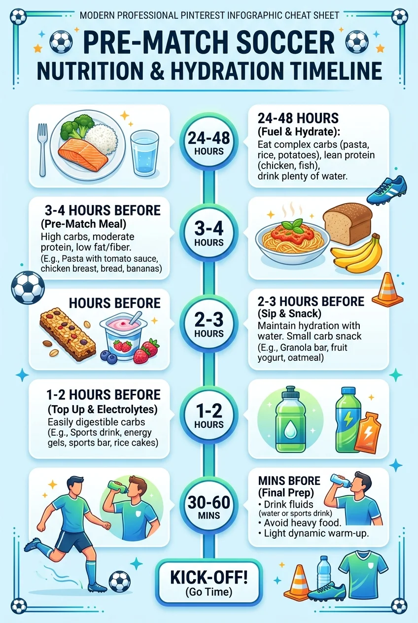 Pre-Match Nutrition & Hydration Timeline Cheat Sheet Guide Infographic (AI Generated Image)