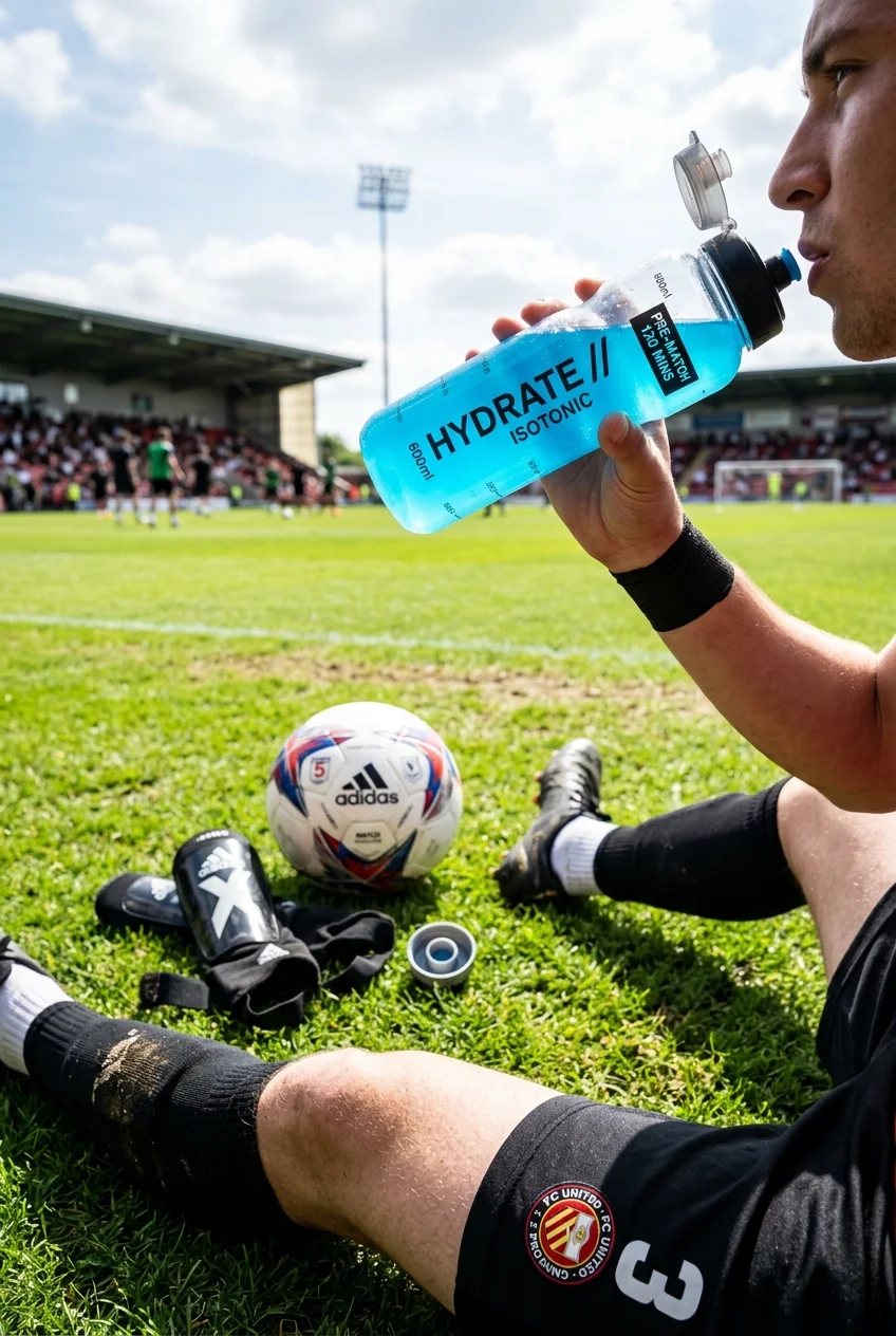 Pre-Match Nutrition & Hydration Timeline Cheat Sheet - 2 Hours Out Isotonic Hydration Top Off Fluid Rate Balance (AI Generated Image)