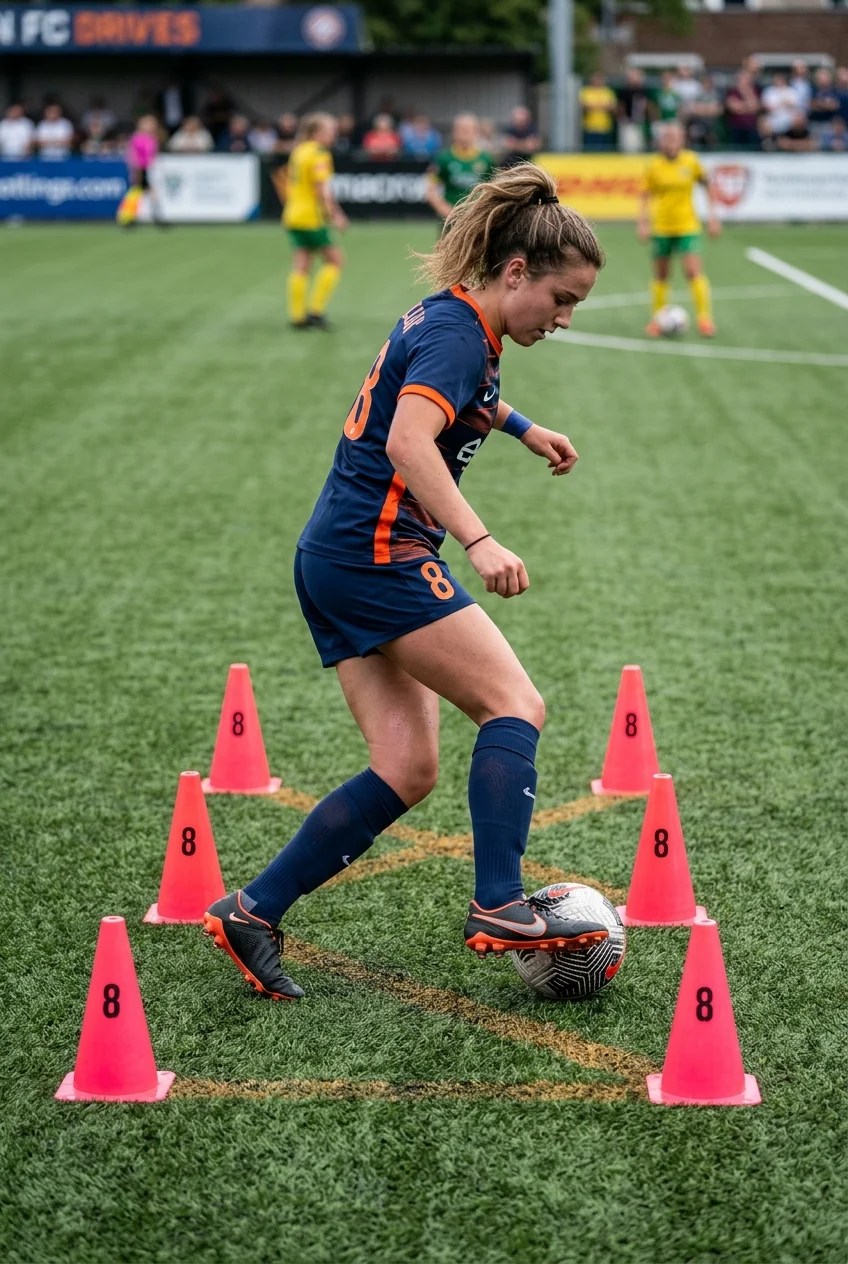 10 High-Rep Soccer Footwork Drills to Fix Your Weak Foot Fast 3 Soccer Footwork Drills To Fix Weak Foot - Figure-Eight Mini Cone Weave (AI Generated Image)