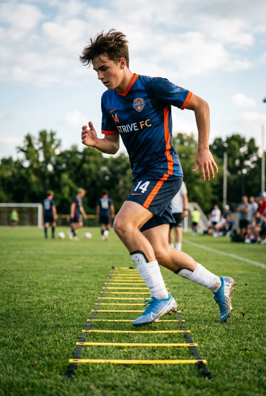 10 High-Rep Soccer Footwork Drills to Fix Your Weak Foot Fast 5 Soccer Footwork Drills To Fix Weak Foot - Agility Ladder Ickey Shuffle (AI Generated Image)