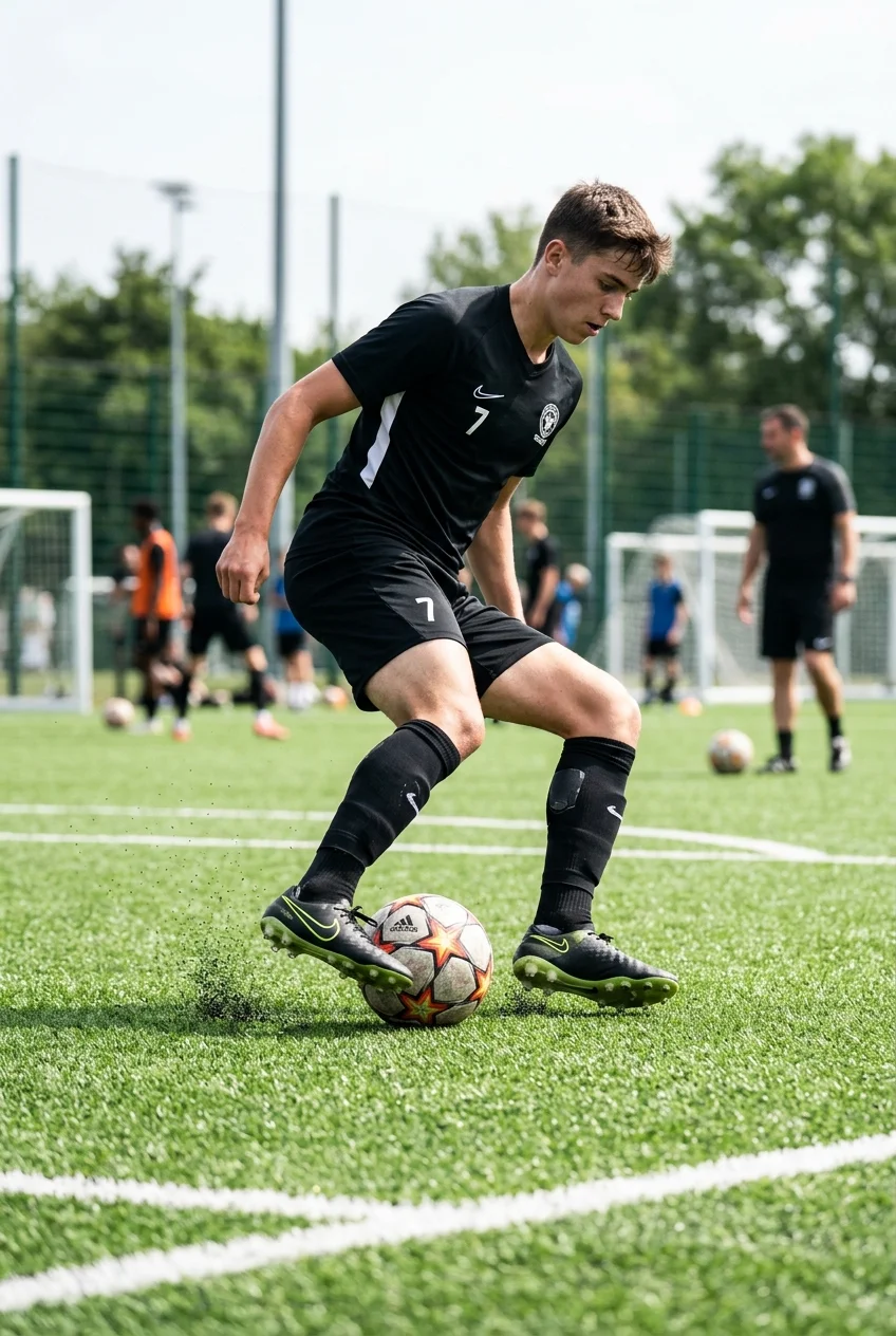 10 High-Rep Soccer Footwork Drills to Fix Your Weak Foot Fast 6 Soccer Footwork Drills To Fix Weak Foot - V-Cut Pull-Back & Push Drill (AI Generated Image)