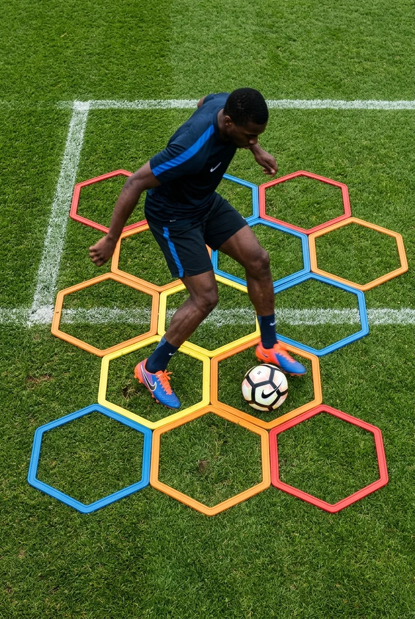10 High-Rep Soccer Footwork Drills to Fix Your Weak Foot Fast 8 Soccer Footwork Drills To Fix Weak Foot - Hexagonal Ring Shuttle Touches (AI Generated Image)
