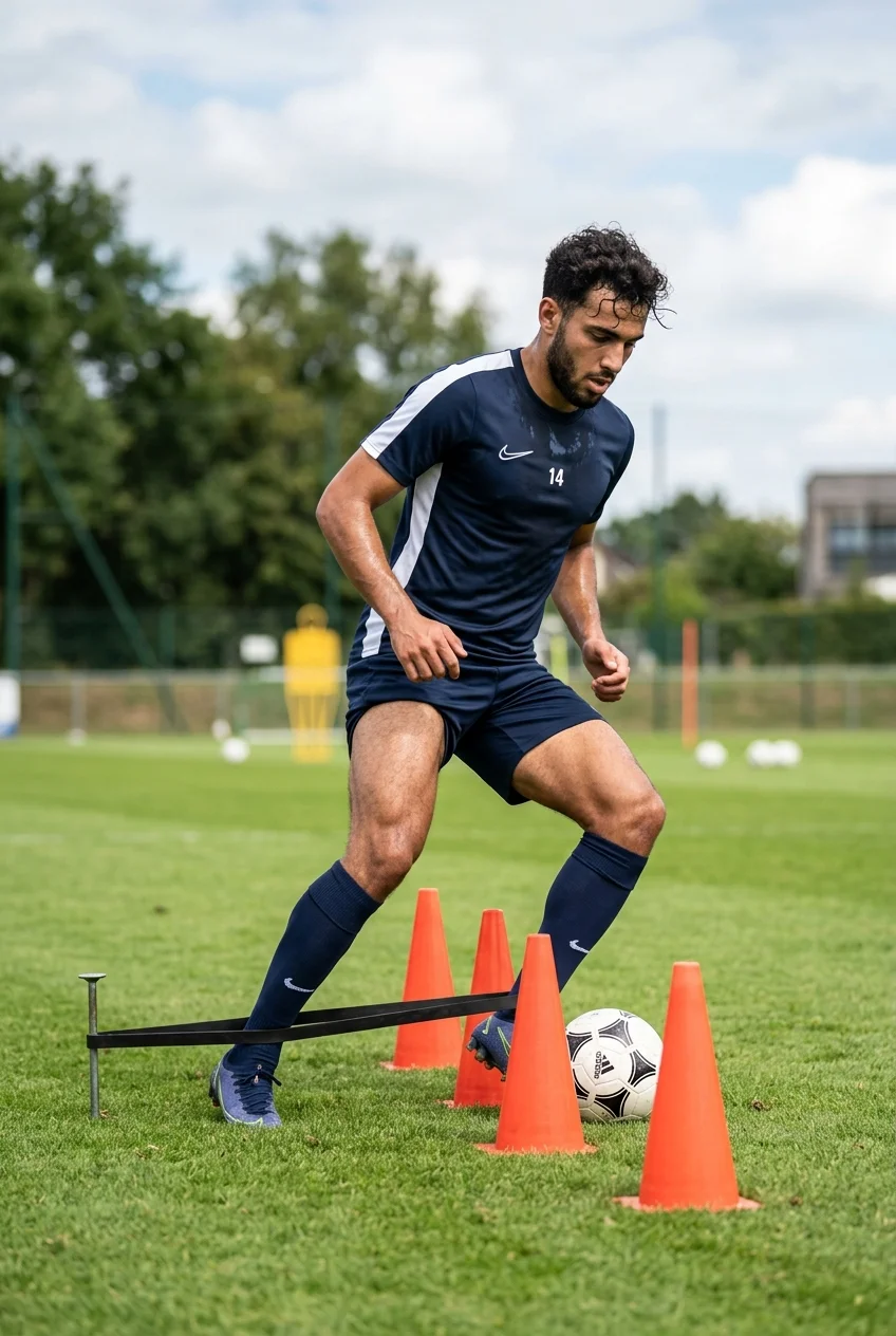 10 High-Rep Soccer Footwork Drills to Fix Your Weak Foot Fast 9 Soccer Footwork Drills To Fix Weak Foot - Resistance Band Ankle Lock Dribble Slalom (AI Generated Image)