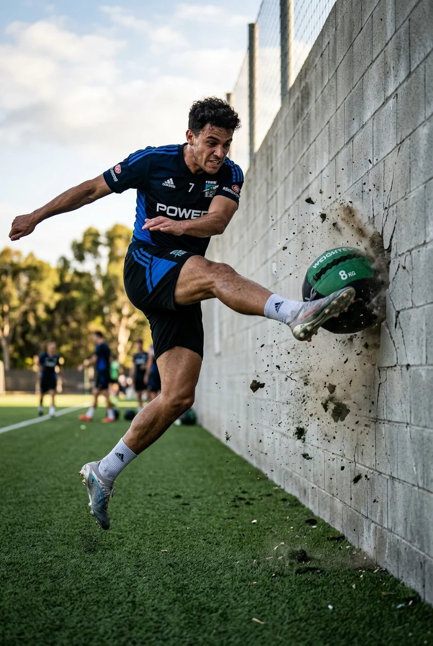 10 High-Rep Soccer Footwork Drills to Fix Your Weak Foot Fast 10 Soccer Footwork Drills To Fix Weak Foot - The Weighted Ball Wall-Volley (AI Generated Image)