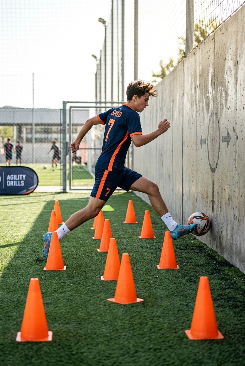 The 14-Day Solo Wall Passing Routine: Elite First Touch Protocol 8 The 14-Day Solo Wall Passing Routine - Agility Cone Grid Wall Shuttle drill (AI Generated Image)