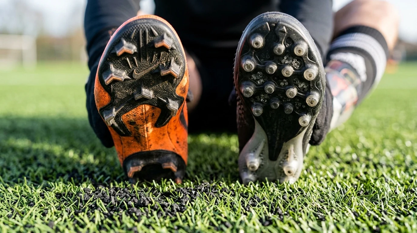 FG vs AG Cleats: Biomechanical Safety, Turf Traction & Stud Breakdown (2026) 1 Comparison of Firm Ground FG bladed studs vs Artificial Grass AG conical studs on turf infill (AI Generated Image)