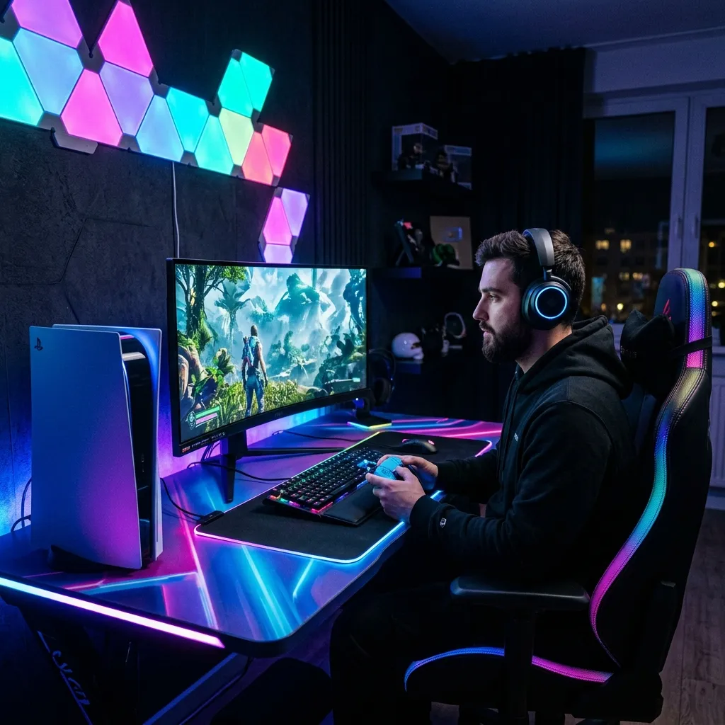 Best Video Games on PS5: Top Picks for 2026 1 A highly detailed cinematic view of a futuristic PS5 gaming setup with glowing neon lights and a high-end display showing a modern game.